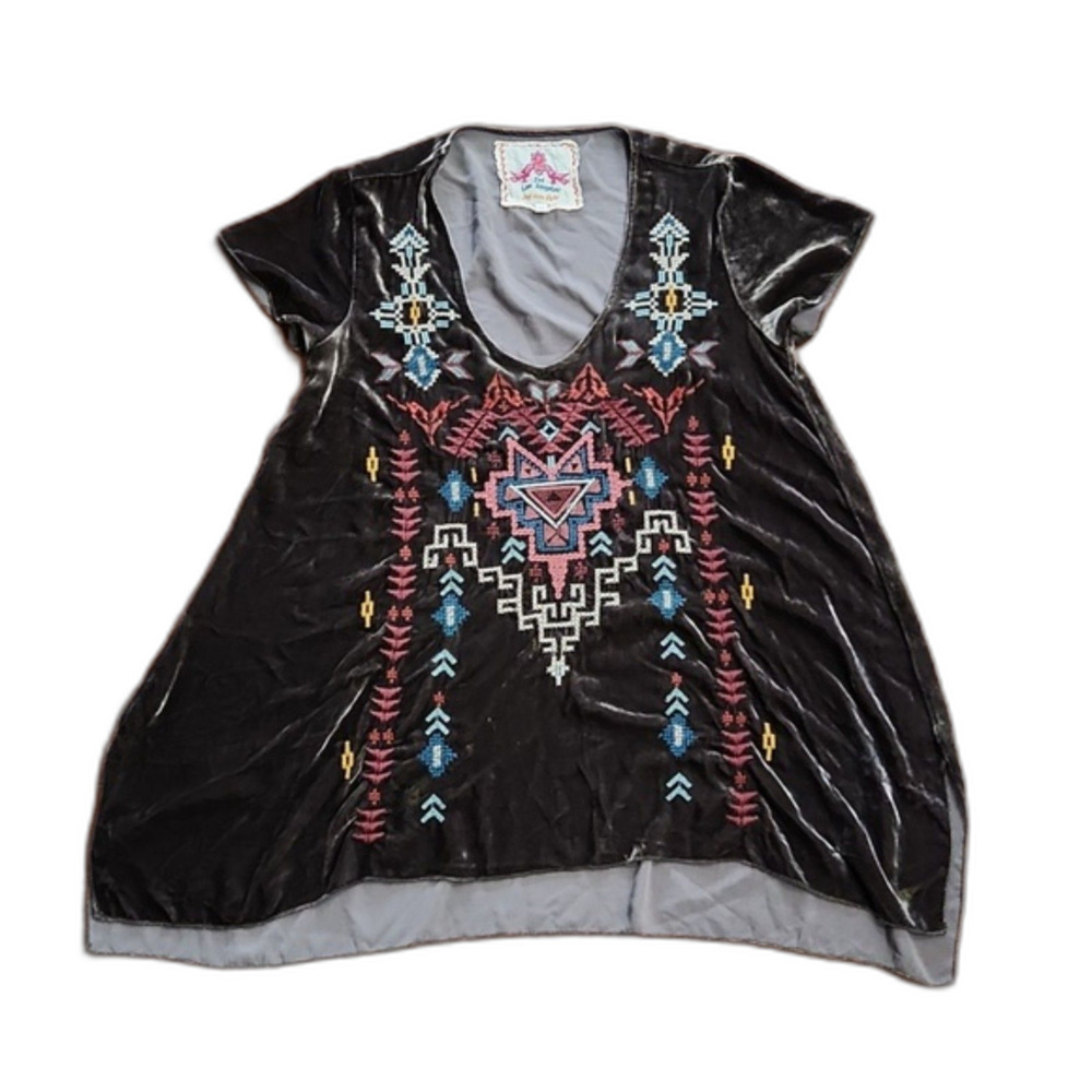 Johnny Was Embroidered Velvet High Low Tunic Top, Deep Taupe, Size XS